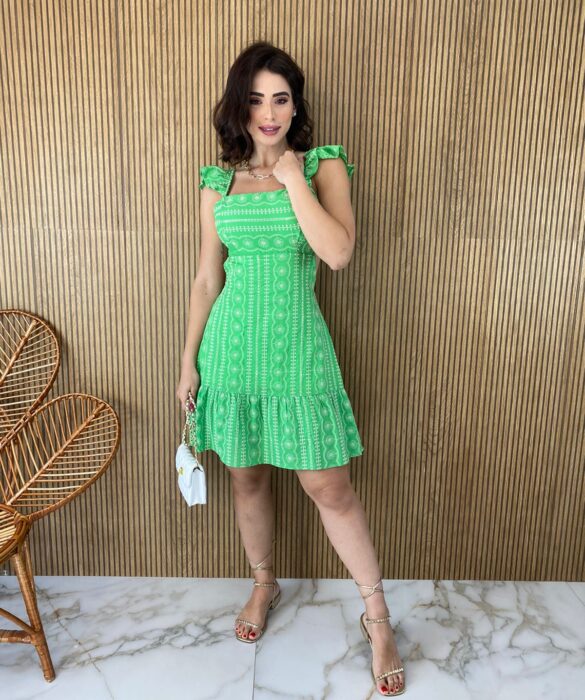 Vestido Curto com Bojo Alça com Babados Verde Fernanda Ramos Store