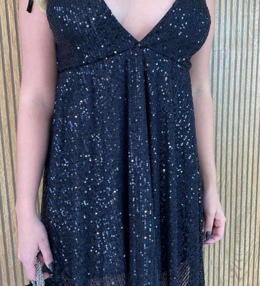 Vestido Curto com Bojo Amarração nas Alças Paetê - Fernanda Ramos Store
