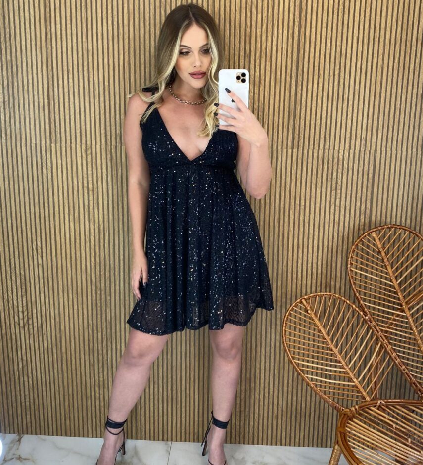Vestido Curto com Bojo Amarração nas Alças Paetê - Fernanda Ramos Store