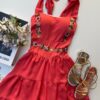 Vestido Curto com Bojo Coral com Detalhes Florais - Fernanda Ramos Store