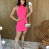 Vestido Curto com Bojo Pink Flúor com Amarração Atrás - Fernanda Ramos Store