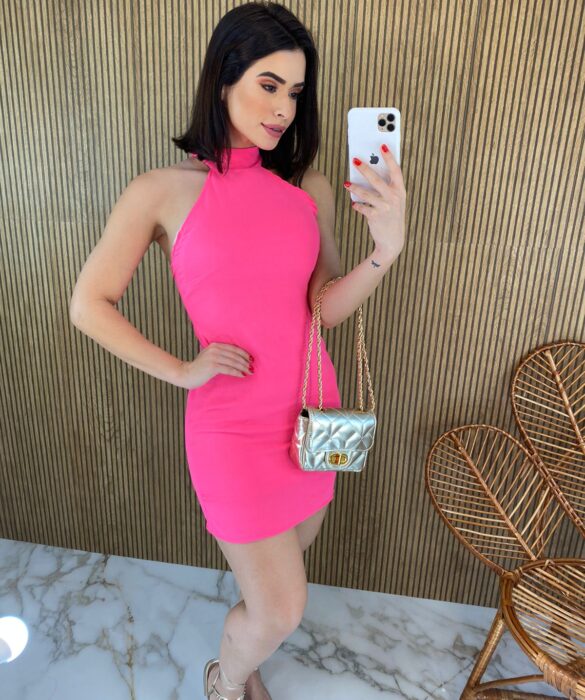 Vestido Curto com Bojo Pink Flúor com Amarração Atrás - Fernanda Ramos Store