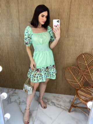 Vestido Curto com Guippir e Lastex Verde Agua - Fernanda Ramos Store