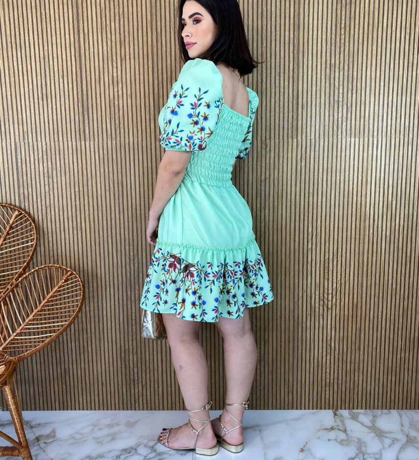 Vestido Curto com Guippir e Lastex Verde Agua - Fernanda Ramos Store