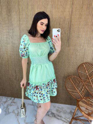 Vestido Curto com Guippir e Lastex Verde Agua - Fernanda Ramos Store