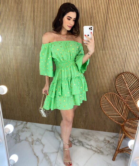 Vestido Curto sem Bojo Ombro a Ombro Poá Verde Fernanda Ramos Store