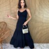 Vestido Longo com Bojo Detalhe Franzido Alça Regulável Preto Fernanda Ramos Store