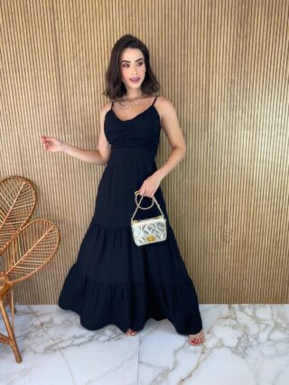 Vestido Longo com Bojo Detalhe Franzido Alça Regulável Preto Fernanda Ramos Store