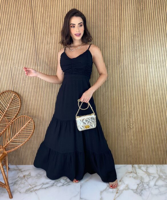 Vestido Longo com Bojo Detalhe Franzido Alça Regulável Preto Fernanda Ramos Store