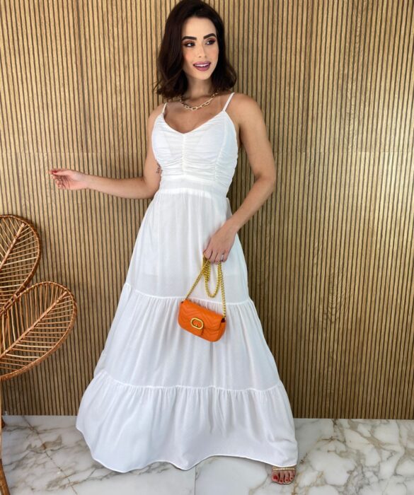 Vestido Longo com Bojo Detalhe Franzido Alça Regulável Branco Fernanda Ramos Store