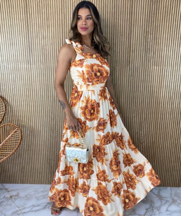 Vestido Longo com Bojo Floral Caramelo Fernanda Ramos Store