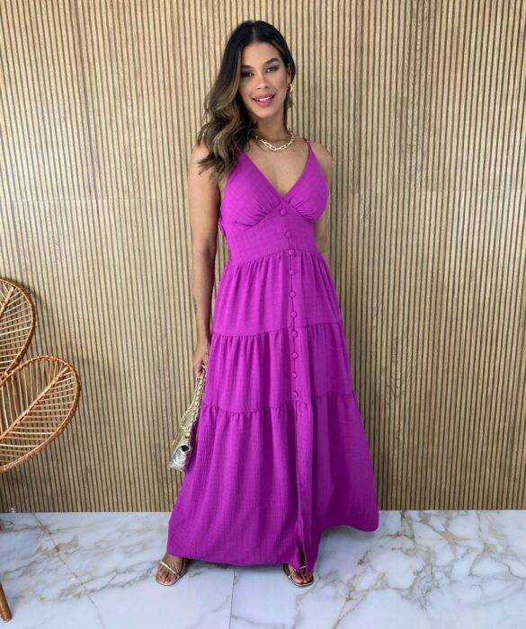 Vestido Longo com Bojo Fúcsia Botões Falsos Fernanda Ramos Store