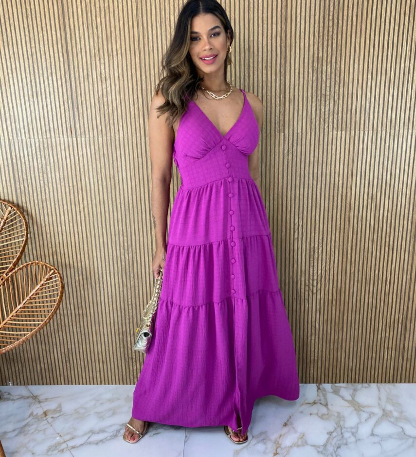 Vestido Longo com Bojo Fúcsia Botões Falsos Fernanda Ramos Store