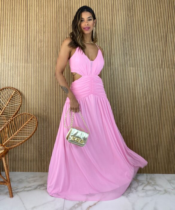 Vestido Longo com Bojo Tule com Abertura Rosa Fernanda Ramos Store