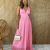 Vestido Longo com Bojo Tule com Amarração Rosa - Fernanda Ramos Store