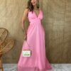 Vestido Longo com Bojo Tule com Amarração Rosa - Fernanda Ramos Store