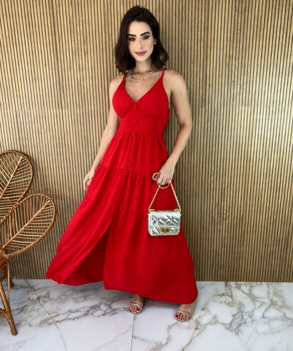 Vestido Longo com Bojo Vermelho Botões Falsos Fernanda Ramos Store