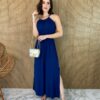 Vestido Longo de Malha sem Bojo Alça Fina Azul Marinho Fernanda Ramos Store