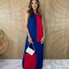 Vestido Longo de Malha sem Bojo Alça Grossa Azul e Vermelho Fernanda Ramos Store