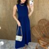 Vestido Longo de Malha sem Bojo com Gola Azul Marinho Fernanda Ramos Store