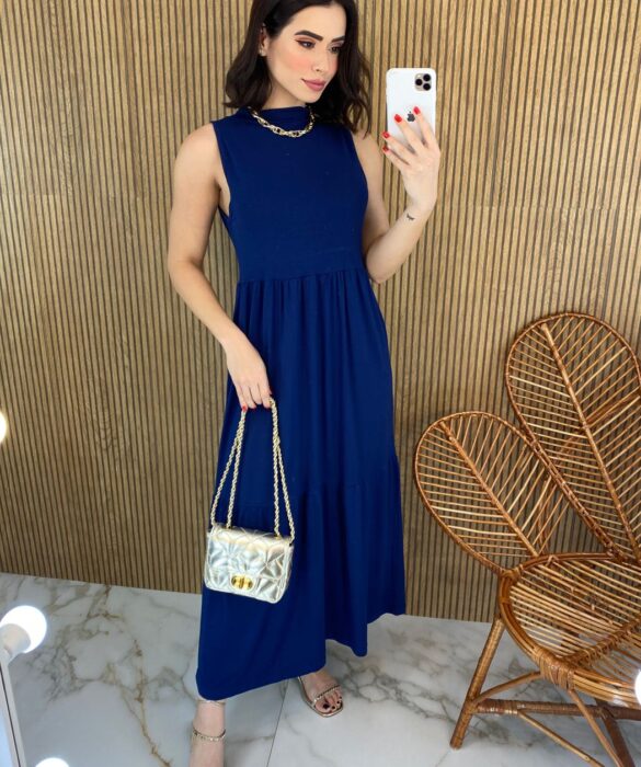 Vestido Longo de Malha sem Bojo com Gola Azul Marinho Fernanda Ramos Store