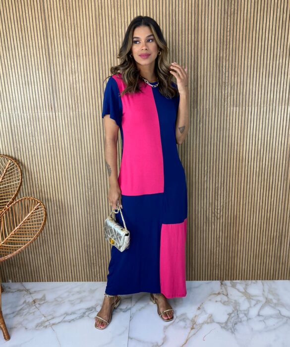 Vestido Longo de Malha sem Bojo Manga Curta Azul e Pink Fernanda Ramos Store