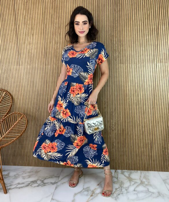 Vestido Longo de Malha sem Bojo Manga Curta Floral Azul Fernanda Ramos Store