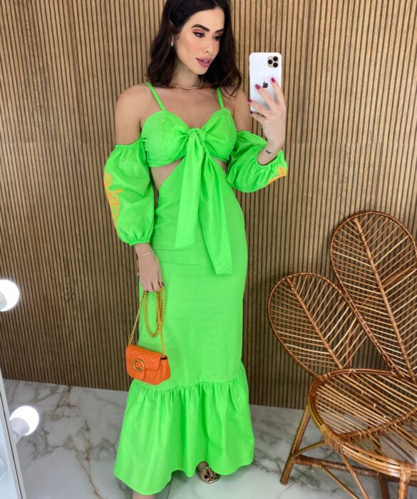 Vestido Longo sem Bojo com Abertura Verde Lima Detalhes em Coral - Fernanda Ramos Store