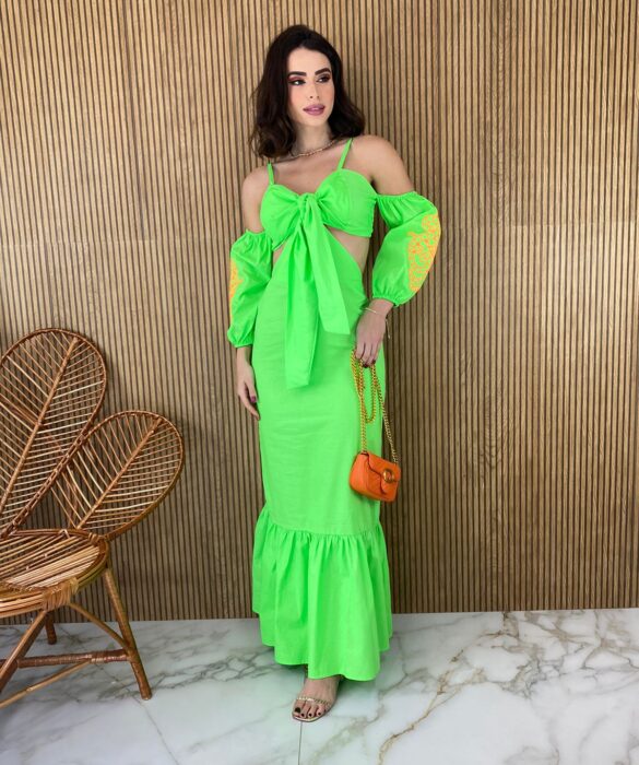 Vestido Longo sem Bojo com Abertura Verde Lima Detalhes em Coral - Fernanda Ramos Store