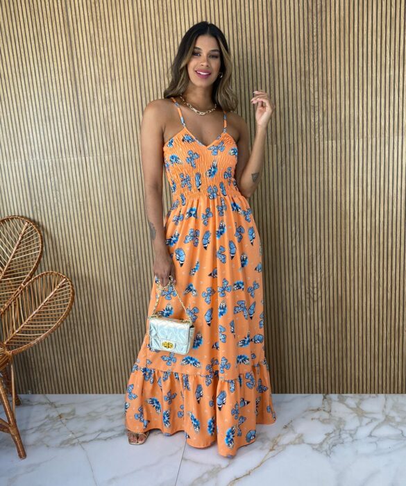 Vestido Longo sem Bojo Estampa Borboletas Laranja Fernanda Ramos Store