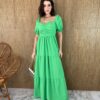 Vestido Longo sem Bojo Pipoquinha Verde com Detalhe Plissado Fernanda Ramos Store