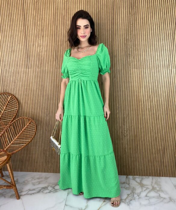 Vestido Longo sem Bojo Pipoquinha Verde com Detalhe Plissado Fernanda Ramos Store