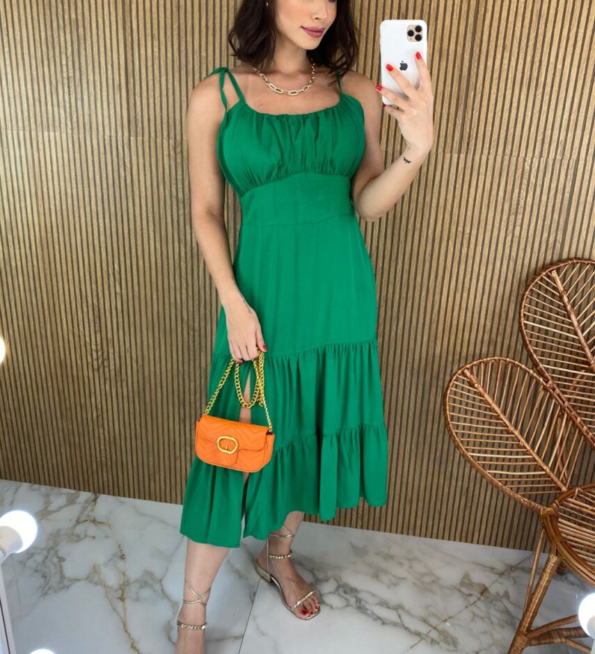 Vestido Midi com Bojo e Fenda Alça Regulável Verde - Fernanda Ramos Store