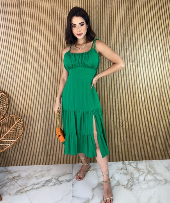 Vestido Midi com Bojo e Fenda Alça Regulável Verde Fernanda Ramos Store