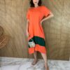 Vestido Midi de Malha sem Bojo Manga Curta Laranja e Verde Fernanda Ramos Store