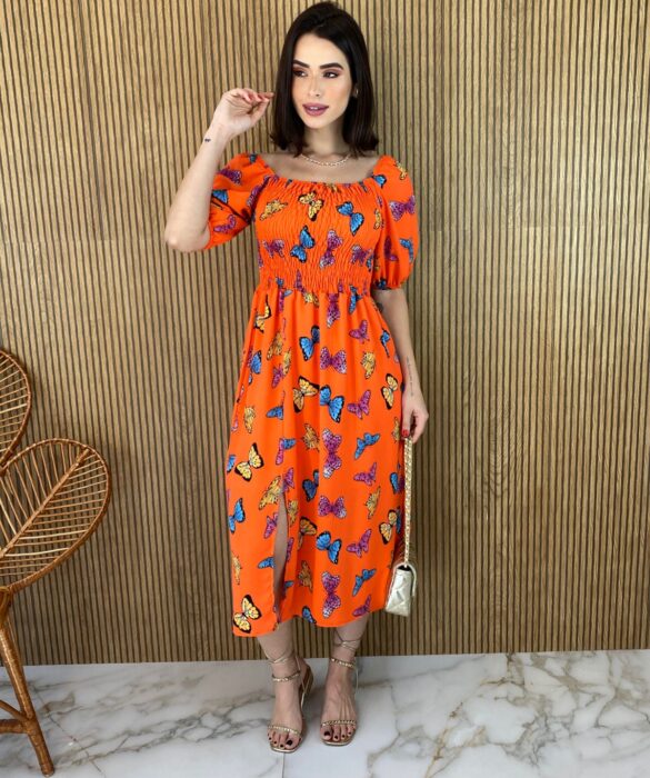 fernandaramosstore com br vestido midi sem bojo com lastex estampa borboletas laranja 3