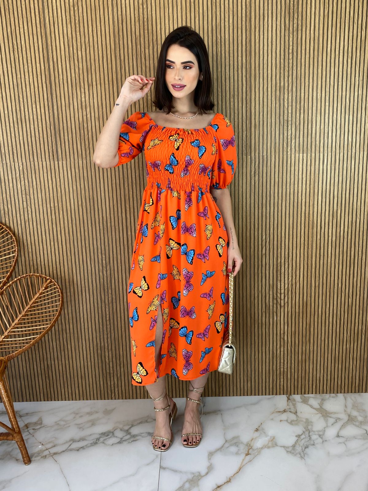 Vestido Longo sem Bojo Estampado Borboletas Laranja - Fernanda