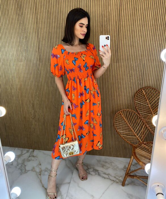 fernandaramosstore com br vestido midi sem bojo com lastex estampa borboletas laranja