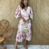 Vestido Midi sem Bojo Tule com Amarração Estampado Rosa Fernanda Ramos Store