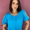 Blusa Feminina Azul Manga com Detalhe Verde Lima Fernanda Ramos Store