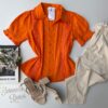 Blusa Feminina Detalhes em Laise Botões Falso Laranja Fernanda Ramos Store