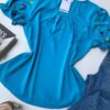 Blusa Feminina Manga com Detalhes em Corações Azul - Fernanda Ramos Store