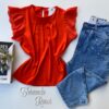 Blusa Feminina Manga em Laise com Pregas Coral Fernanda Ramos Store