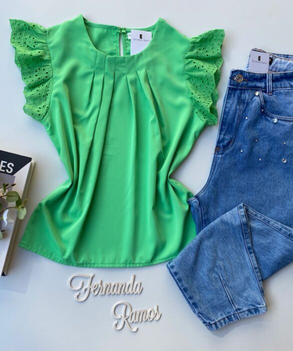 Blusa Feminina Manga em Laise com Pregas Verde Fernanda Ramos Store