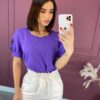 Blusa Feminina Manga Princesa com Detalhes Vazados Roxa Fernanda Ramos Store