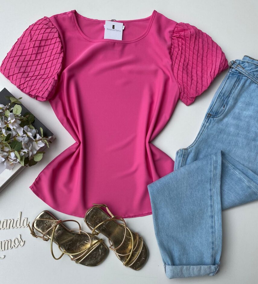Blusa Feminina Manga Princesa Detalhe na Manga Rosa Fernanda Ramos Store