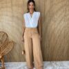 Calça Feminina Pantalona com Cinto Bege Fernanda Ramos Store
