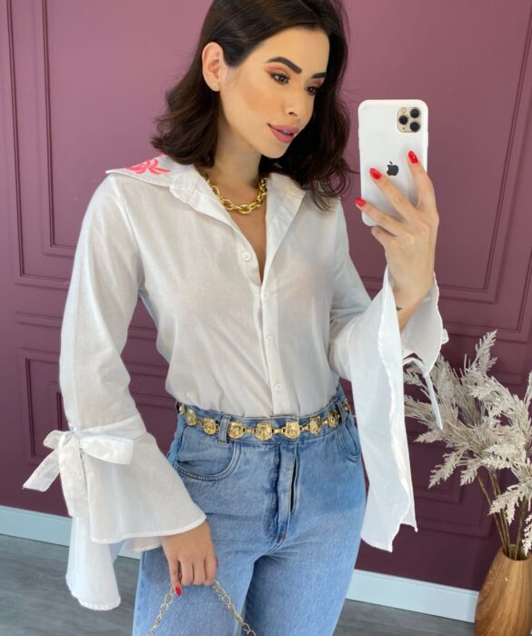 Camisa Feminina Social Manga Longa Branco Detalhe em Pink Fernanda Ramos Store