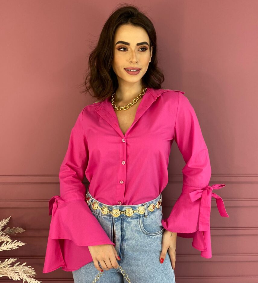 Camisa Feminina Social Manga Longa Pink Detalhe em Verde - Fernanda Ramos Store