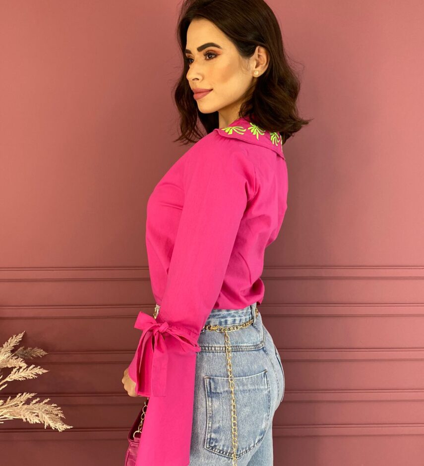 Camisa Feminina Social Manga Longa Pink Detalhe em Verde - Fernanda Ramos Store